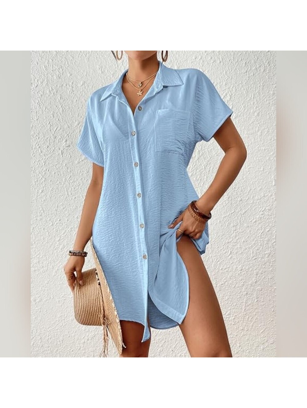 NWT Bsubseach Short Sleeve Button Down Tie Beach Swimsuit Coverup, Large